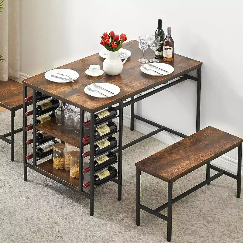 4-Piece Dining Table Set with 2 Benches, Wine Rack & Storage Shelf, Kitchen Dining Room Table for Small Spaces