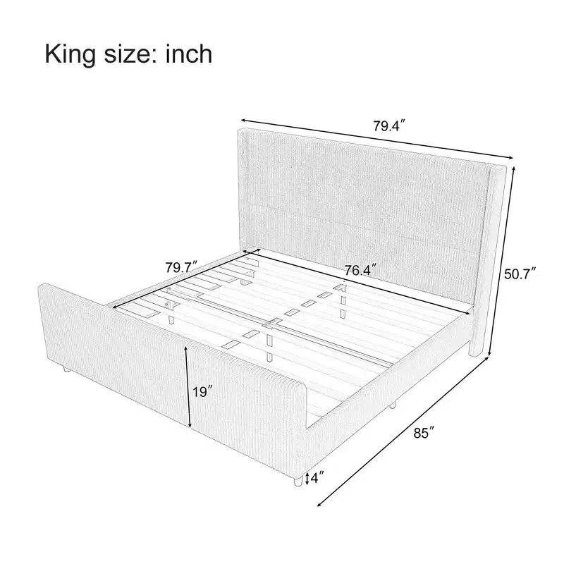 Bellemave headboard Corduroy Upholstered Bed Frame with Vertical Stripe Wingback and High Footboard No Box Spring Needed, King Size, Beige