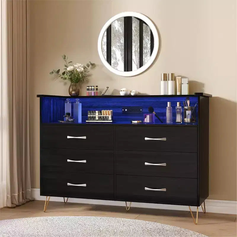 Dresser for Bedroom with LED Lights  6 Drawer Dressers with Charging Station, Wood Storage Chest for Entryway