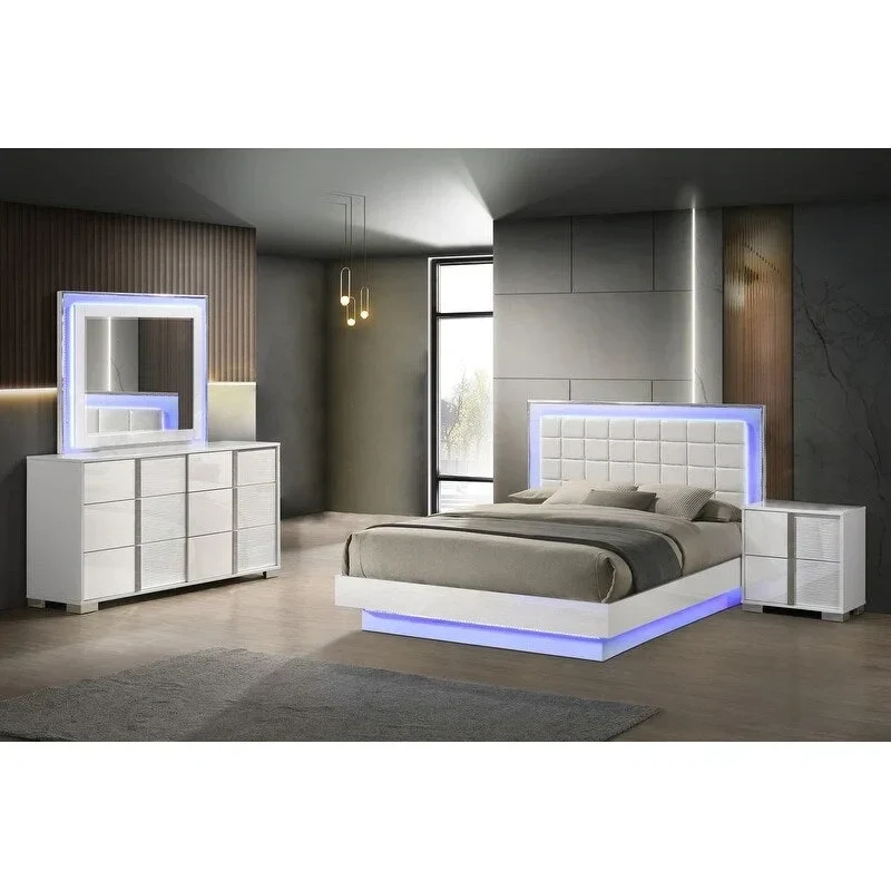 Best Quality Furniture B750 White Lacquer with LED Bedroom Set