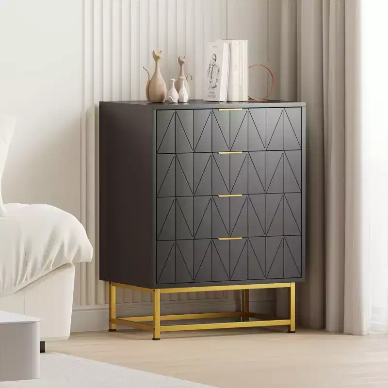 Black/White, 4-Drawer Wooden Dresser with Gold Metal Legs & Handles, 1-Person Assembly