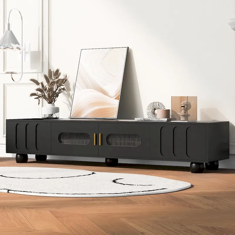 Modern TV Stand with Tempered Glass Doors and Storage