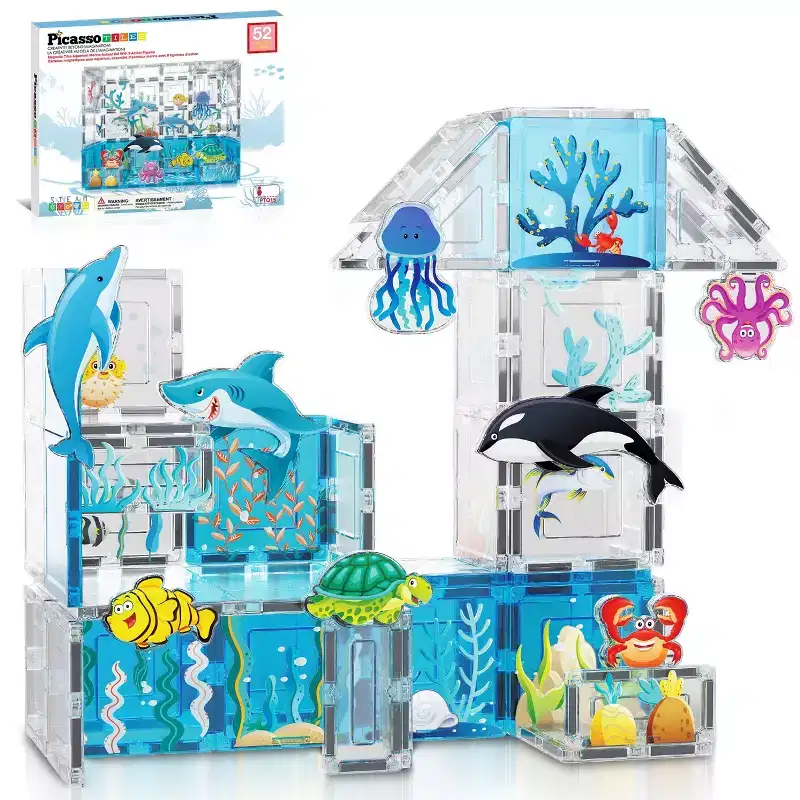PICASSO-TILES Magnetic Tiles for Kids  Marine Animal Theme 52PCS STEM Construction Building Blocks Educational Toy