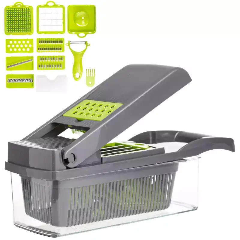All-In-One Vegetable Chopper & Meal Prep Container Multifunctional Food Chopper for Potato, Tomato and Veggie with 7 Blades and Strainer Basket