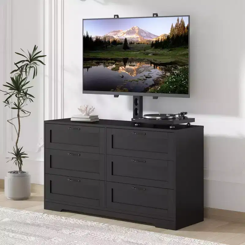 TV Stand with Mount & 6 Drawers, Wooden Entertainment Center for TVs Up to 80 Inch, Height Adjustable Media Console Table for Bedroom, Living Room