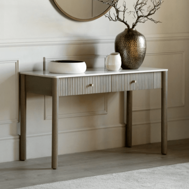 Mango Wood Ribbed 2 Drawer Console Table with Marble Top