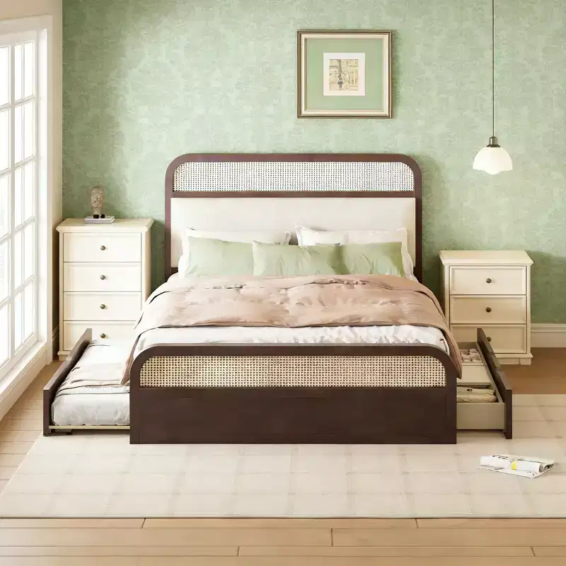 Luxystar Queen size Wood Rattan Platform Bed with Trundle, 2 Drawers and Upholstered Headboard, Espresso