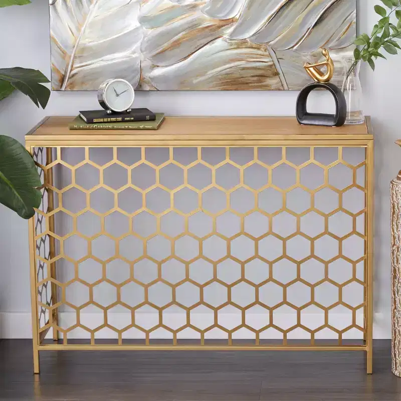 Gold Beehive Pattern Console Table, Iron & Wood, 1-Drawer, 1-Person