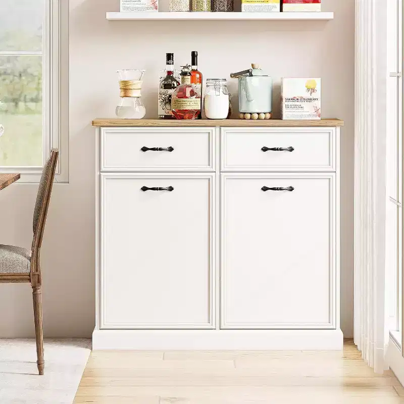 Trash Cabinet Tilt Out Freestanding 10/20 Gallon Hidden Garbage Can Storage for Kitchen Living Room, White