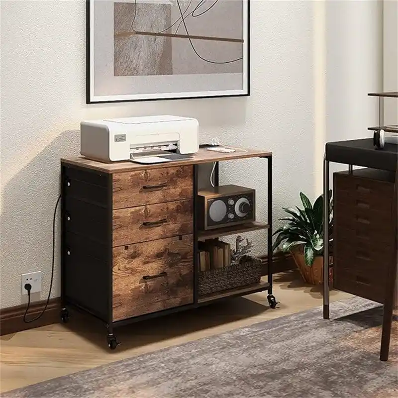 Rolling File Cabinet with Power Outlets 3 Drawers Open Shelves Rustic Brown
