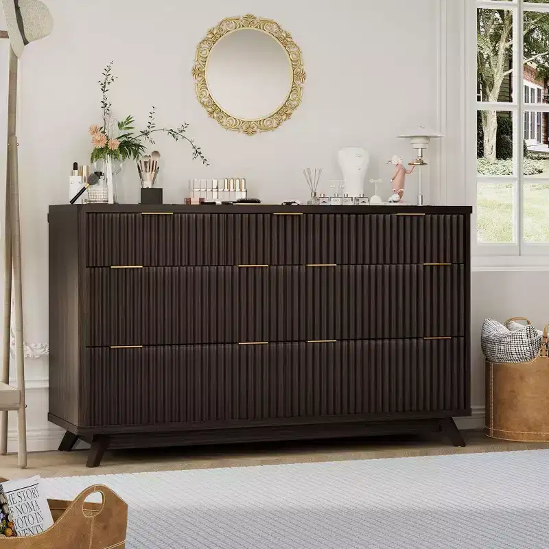 Dresser, 54 Wide Modern Fluted 7 Drawer Chest of Drawers, Large Wooden Storage Cabinet with Curved Design