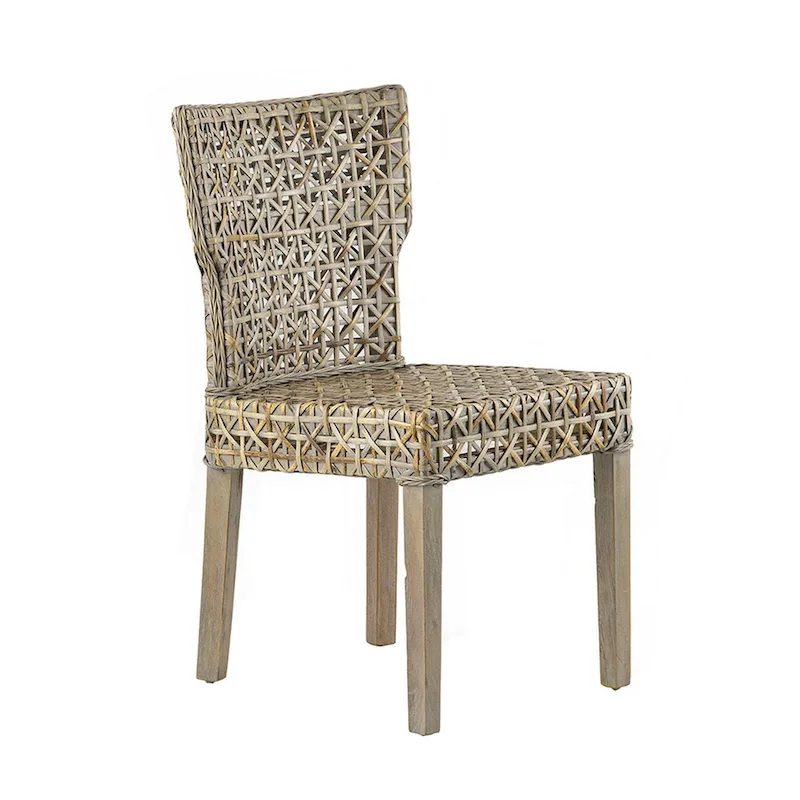 22 Side Dining Chair, Woven Rattan Backrest and Seat, Weathered Gray
