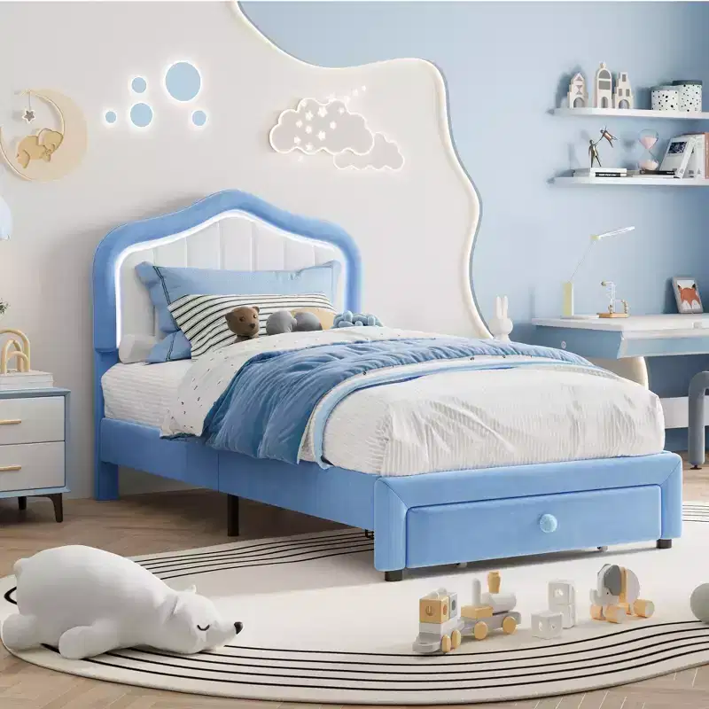 Upholstered Bed Frame With Storage Drawer and Smart Led Headboard, Princess Twin Size Platform Bed Frames for Kids/Girls