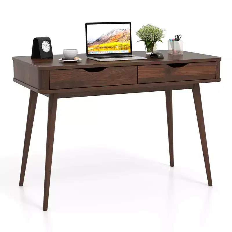 Costway 43.5 Writing Desk with 2 Drawers Anti-Tipping Kits & Solid Rubber Wood Legs White/Walnut