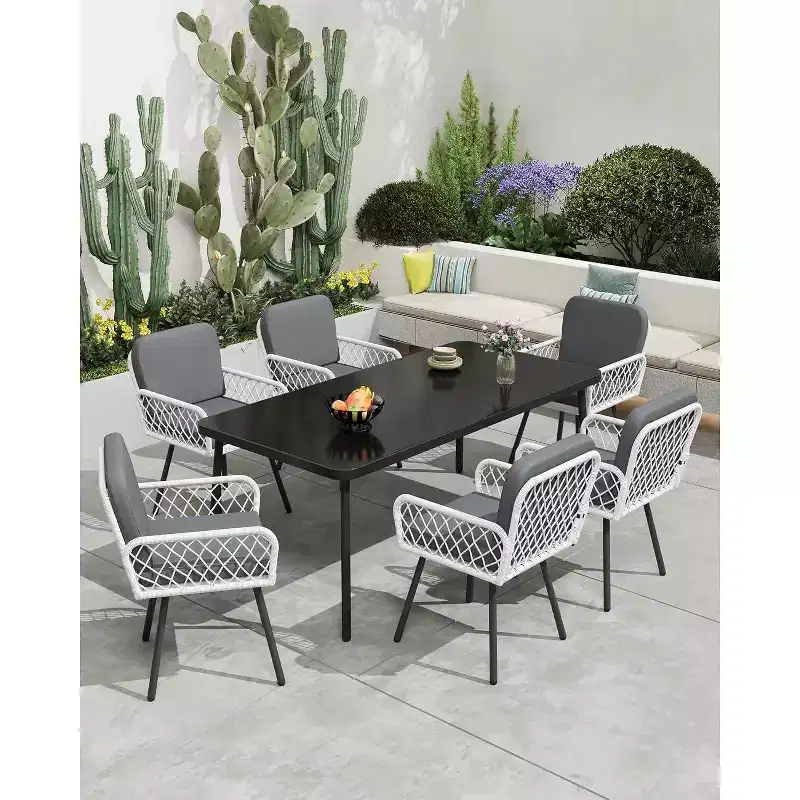 7-Piece Outdoor Dining Set for 6, 59 Tempered Glass Table with Metal Frame & 6 Rattan Chairs, Patio Set for Garden, Backyard, Poolside