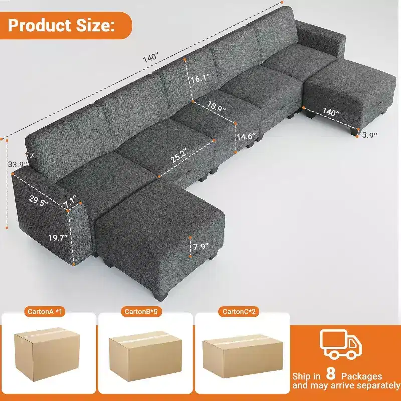 140 Large U Shaped Sectional Couch with Ottoman Chaise, Convertible Modular Sectional Sofa with Ottomans with 7 Seat for Living Room, Office - Gray