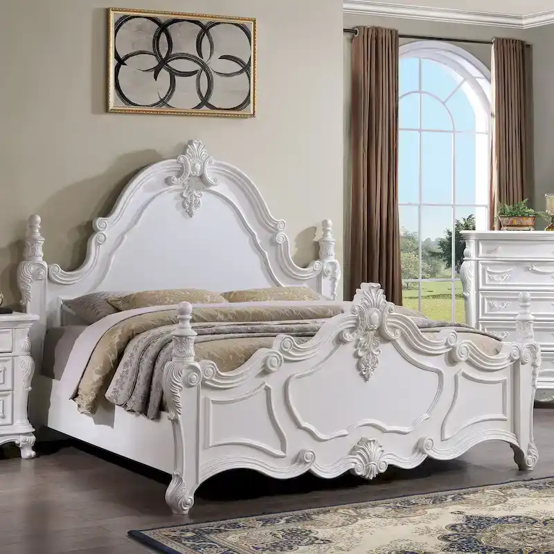Furniture of America Eugene Traditional Dark Cherry Solid Wood Four Poster Panel Bed with Carved Details