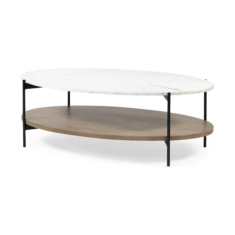48 Brown & Black Genuine Marble and Metal Oval Coffee Table with Shelf