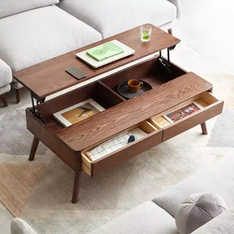 Rectangle Lift Top Coffee Table with Hidden Storage Compartment and Drawers, Oak Center Table with Easy Assembly for Living Room Reception