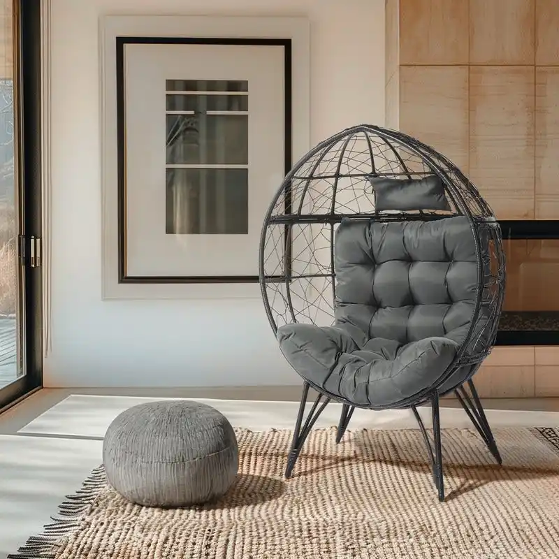 Patio Wicker Egg Chair with Beige Cushion