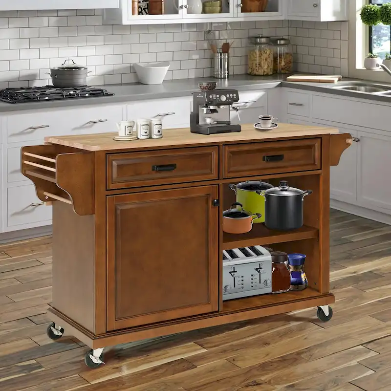 Kitchen Island Cart with Drawers, Adjustable Shelves, Spice Rack and Casters