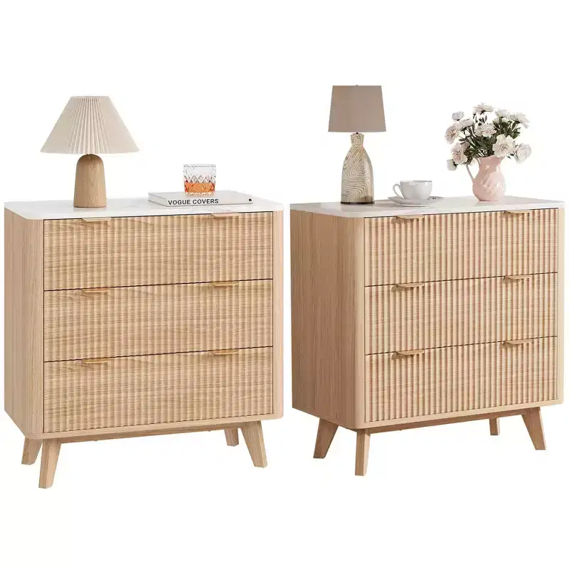 32 Width Fluted Nightstand Set of 2, Modern 3 Drawer Bedside Table , End Table for Bedroom, Living Room, Hallway (Walnut 2pcs)