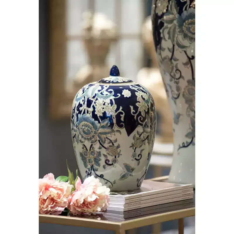 NAYSAYE Round Porcelain Accent Jar with Gold Accents Decorative Storage for Coffee Table Sideboard Dresser, White Blue, 7.9*7.9*11.4