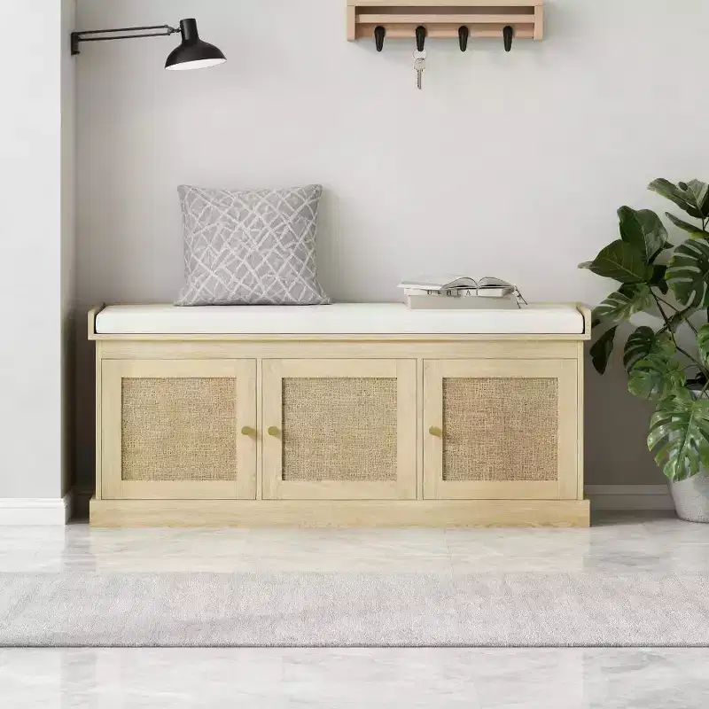 41 Country-Style Shoe Storage Bench with Woven Rattan Doors, Small Entryway Bench with Removable Linen Cushion for Small Spaces