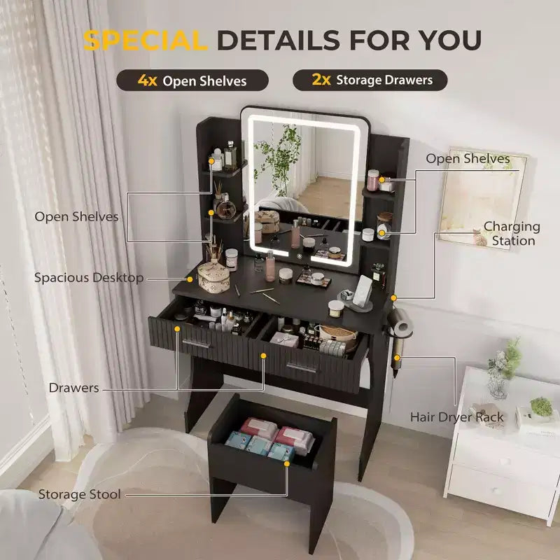 Makeup Vanity with LED Lighted Mirror, Vanity Desk with 3 Adjustable Lights, White Vanity with Storage Stool for Bedroom
