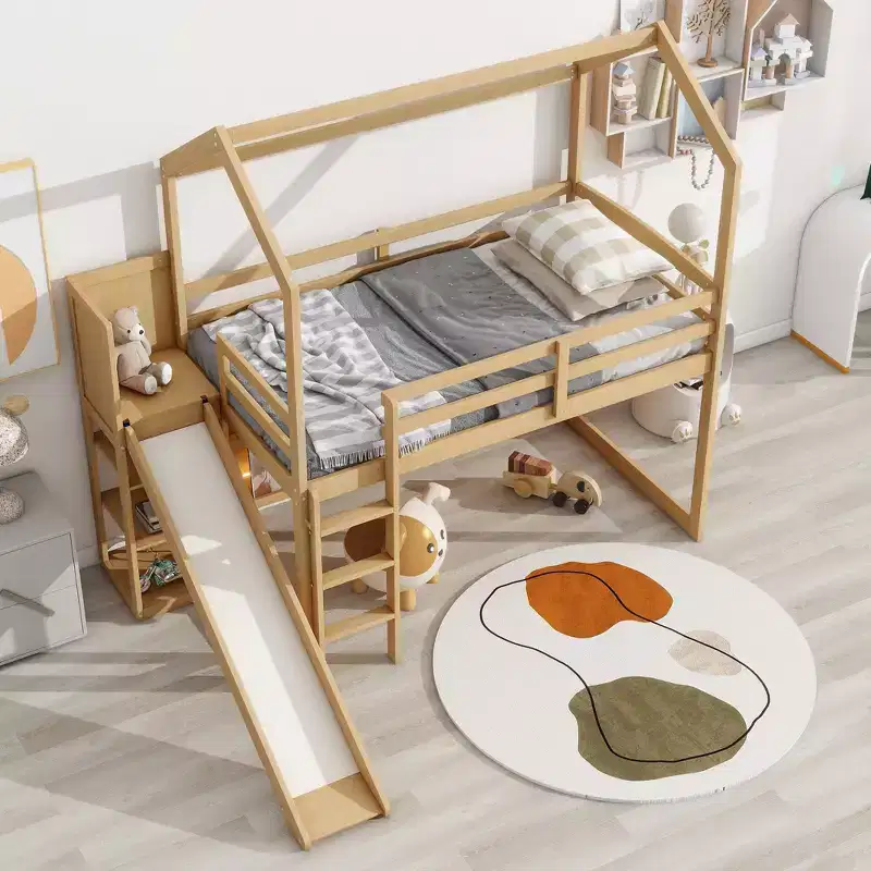 Whisen 96.1''L x 70.7''W Twin Size Wood House Loft bed with Slide, Storage shelves and Light, Safety Guaranteed