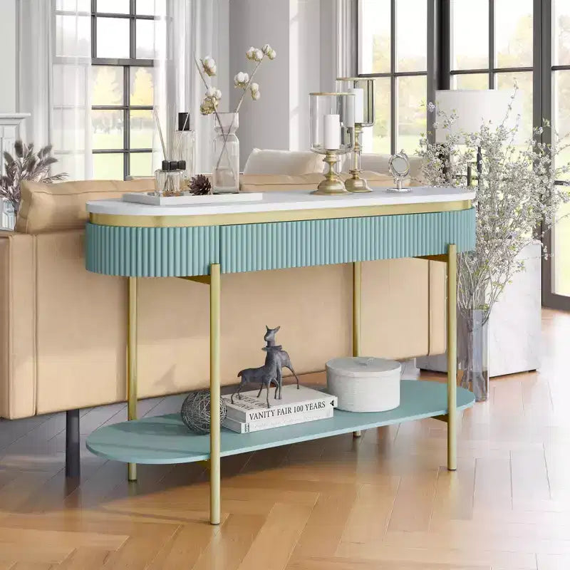 Faux Marble Sofa Table with Drawer, Gold Metal Frame, 48"