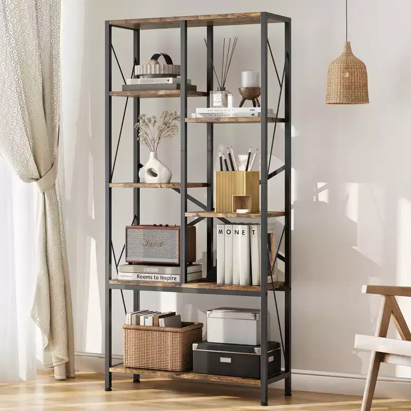 Bookshelf 5 Tier Bookcase Industrial Storage Shelf Vintage Display Rack with Open Shelves Rustic Standing Bookshelves Metal Frame for Living Room
