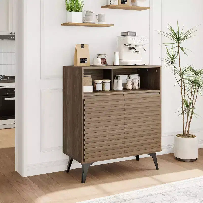 Fluted Storage Cabinet with Metal Legs, Mid Century Modern Sideboard, Buffet Credenza with Storage