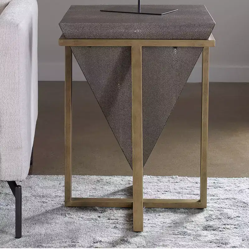 Uttermost Modern Aged Gold Square Accent Table 18 1/4 Wide Gray Faux Shagreen Leather Pyramid Tabletop for Living Room Bedroom
