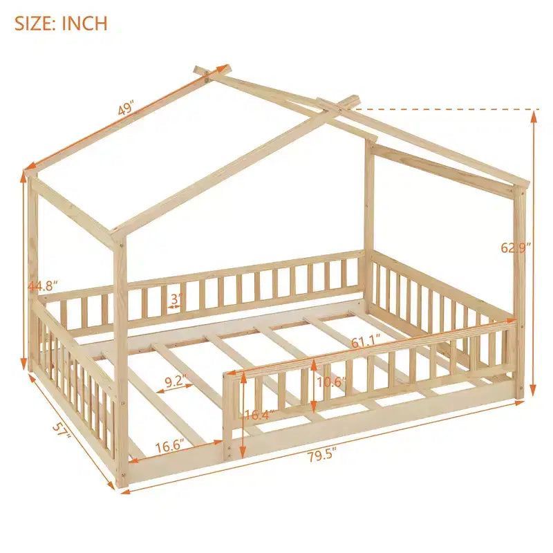 Full Size Montessori House Floor Bed Frame with Fence & Roof, Kids Playhouse Bed, Natural Wood