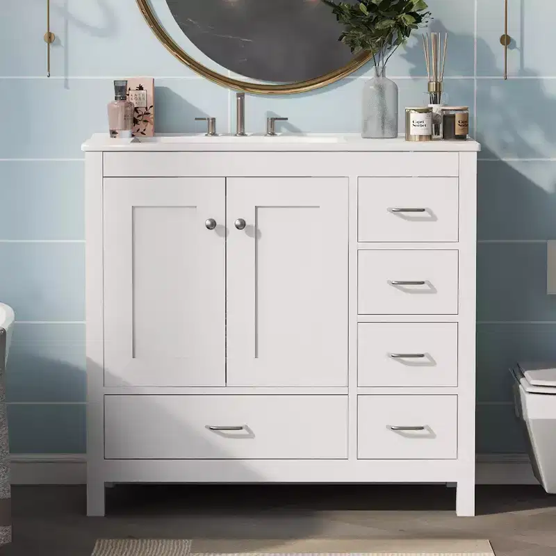 36 Inch Bathroom Vanity with Rectangular Sink, 5 Drawers & 2 Soft Close Doors, Solid Wood Frame Freestanding Cabinet