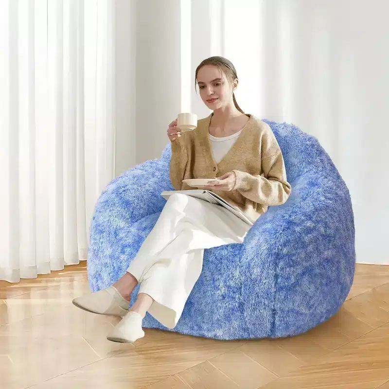 Adult Faux Fur Bean Bag Chair with Armrests - High-Density Foam Floor Sofa