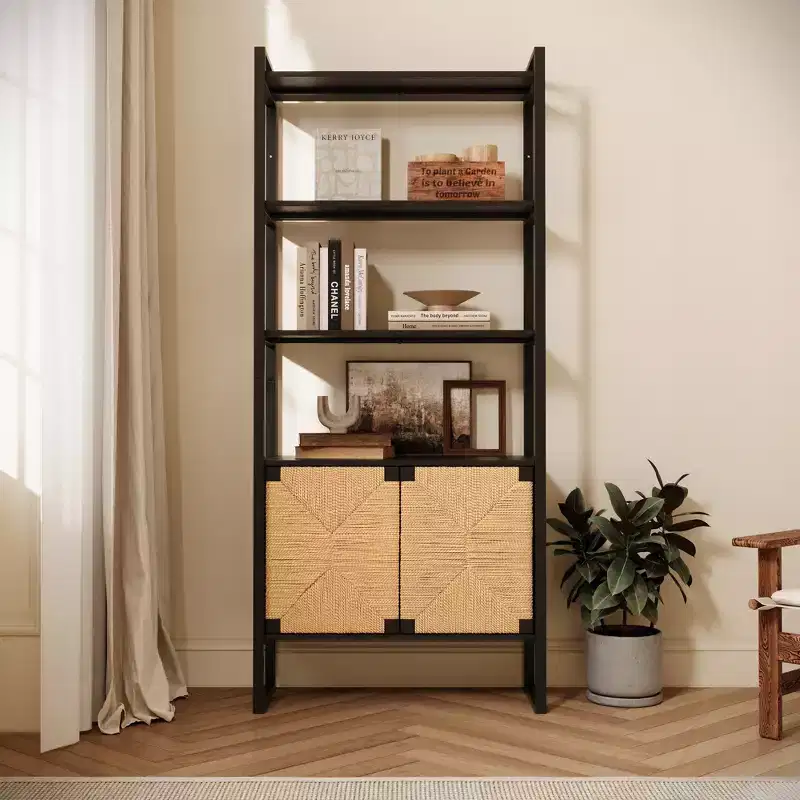 GDFStudio Horace Modern 73H Solid Wood and Rattan Open Display Bookshelf with 2 Doors