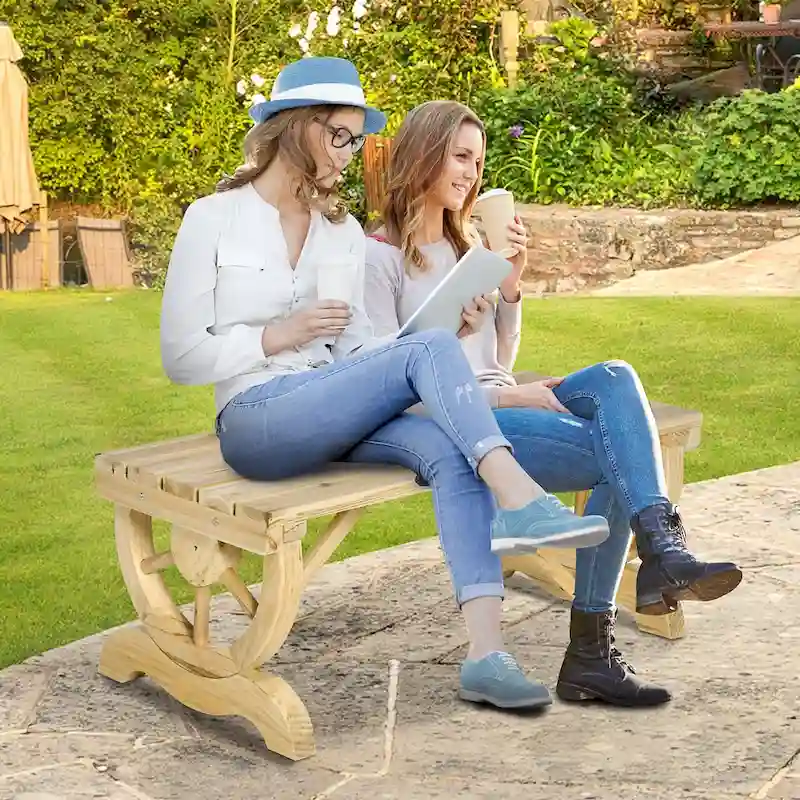 Patio 2-Person Wooden Garden Bench, Wagon Wheel Porch Bench