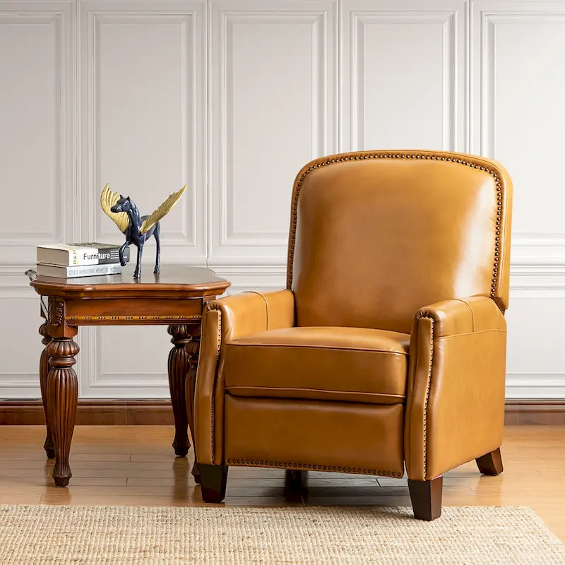 Gladis Modern Retro Genuine Leather Recliner with Nailhead Trim by HULALA HOME