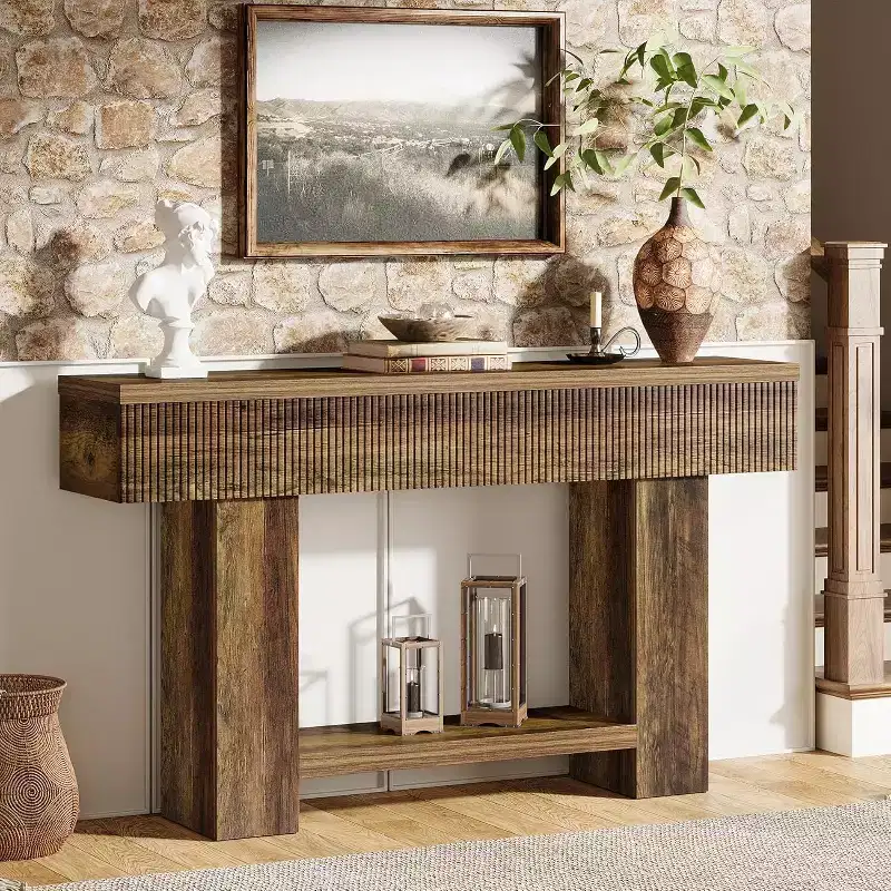 Lantine 55-Inch Wooden Entryway Table with Storage, 2-Tier Farmhouse Console Table, Sofa Table Behind Couch for Hallway, Living Room, Foyer