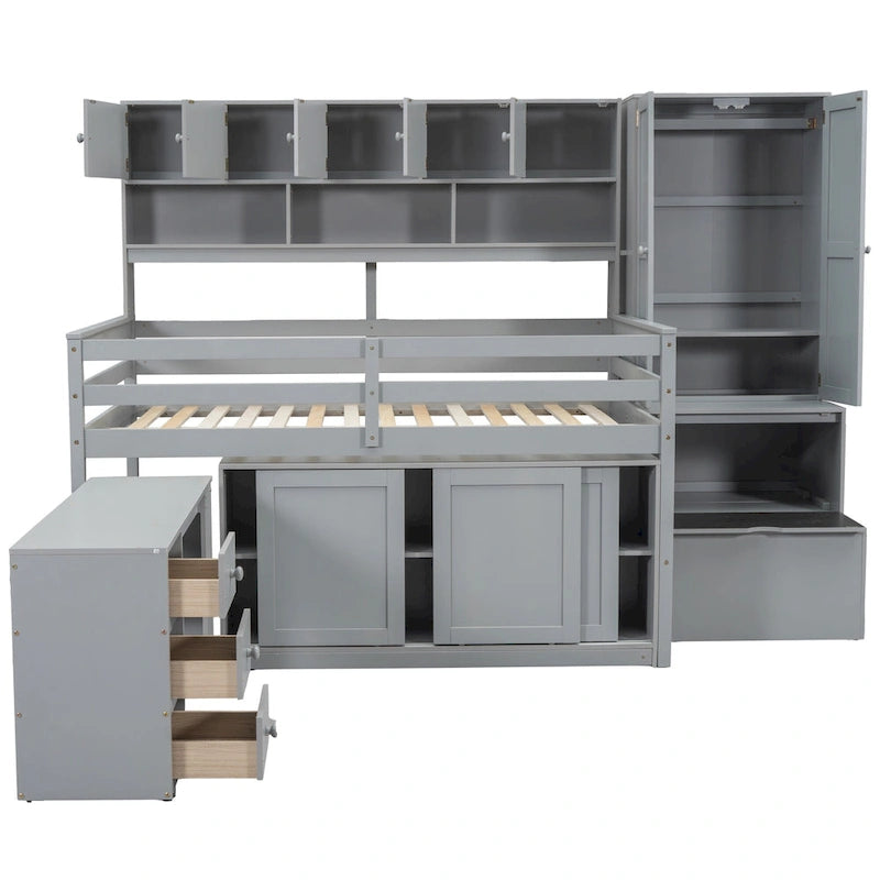 Gray / White Full Size Loft Bed with Shelves and Swing-Out Drawers for 1–2 Person