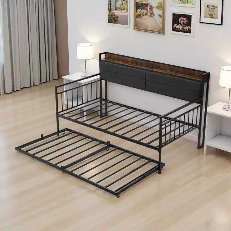 Twin Daybed with Trundle and Charging Station, Metal Frame with Storage Headboard, 880 lb Capacity