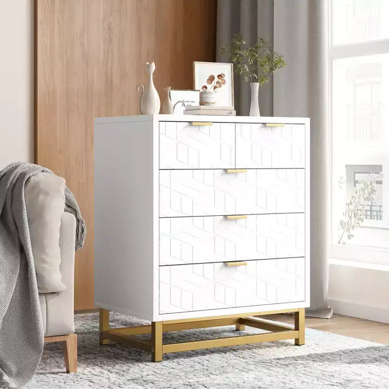 White Dresser with 5 Drawers, Tall Chest of Drawers, 5 Drawer Dresser with Deep Space, Wood Storage Cabinet for Living Room, Hallway, Office