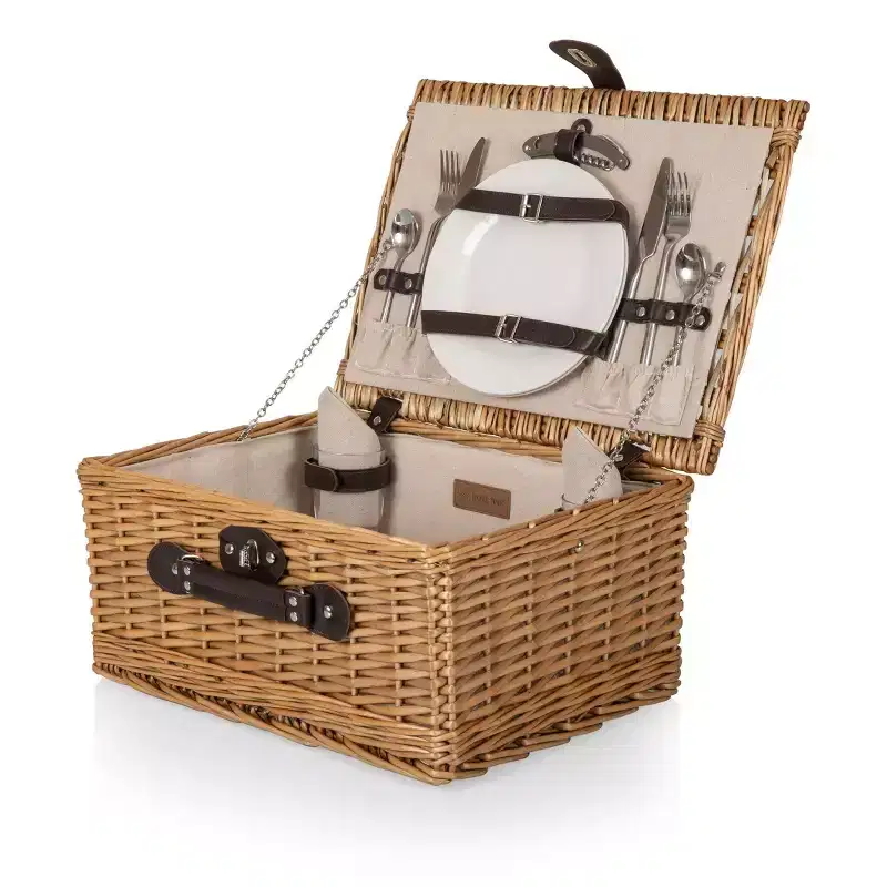 Picnic Time Classic Picnic Basket with Beige Canvas: Wicker Set, Solid Pattern, Handles & Side Pockets, 12 Pieces