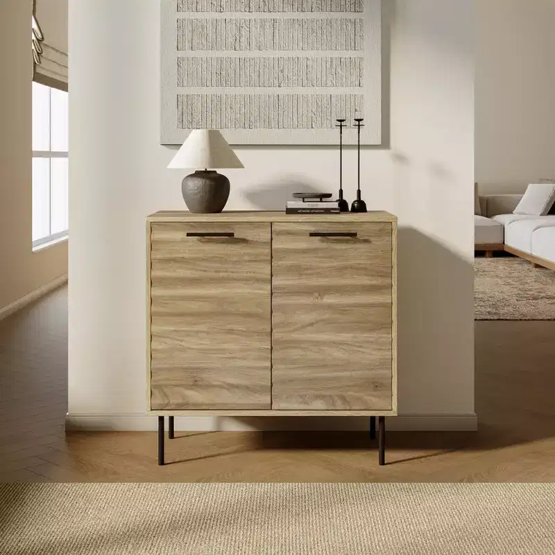 LuxenHome Mid-Century Modern Wave 2-Door Cabinet with Metal Legs Natural