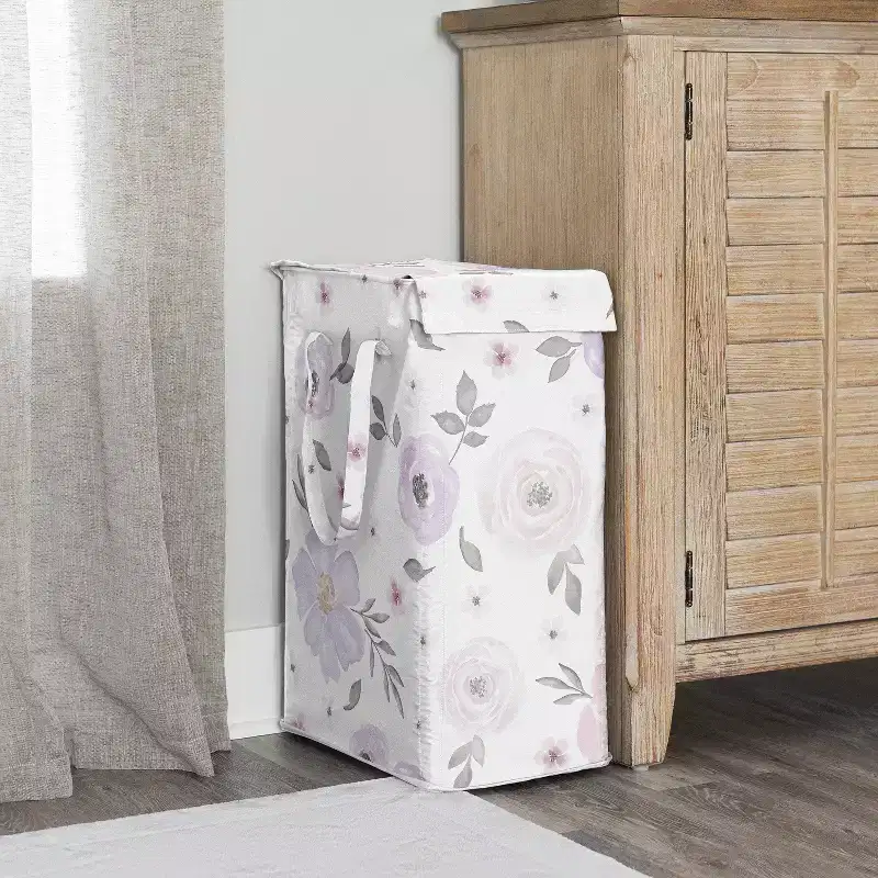 Sweet Jojo Designs Girl Foldable Laundry Hamper with Handles Watercolor Floral Lavender Purple Pink and Grey