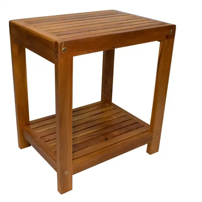 18 in Natural Teak Shower & Bath Spa Bench with Shelf | Waterproof Wood Bench