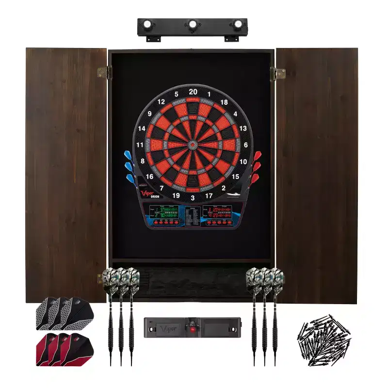 Viper Orion Electronic Dartboard, Metropolitan Cabinet, Laser Throw Line, Dartboard Lights, Black Magic Soft Tip Darts, and Spare Tips and Flights