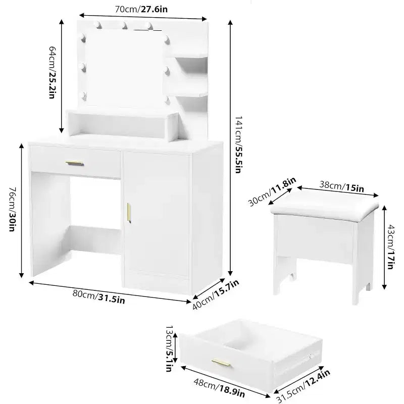 Vanity Desk with Mirror, Makeup Vanity Desk with Large Drawers, Dressing Table with Three Level Storage & Tiers of Open Shelves for Bedroom, White